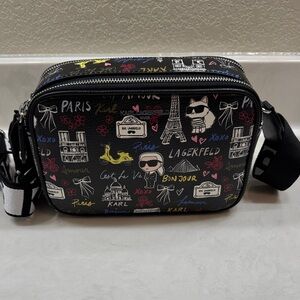 Karl Lagerfeld Black Graphic Crossbody Bag with Guitar Strap. Double Zipper
